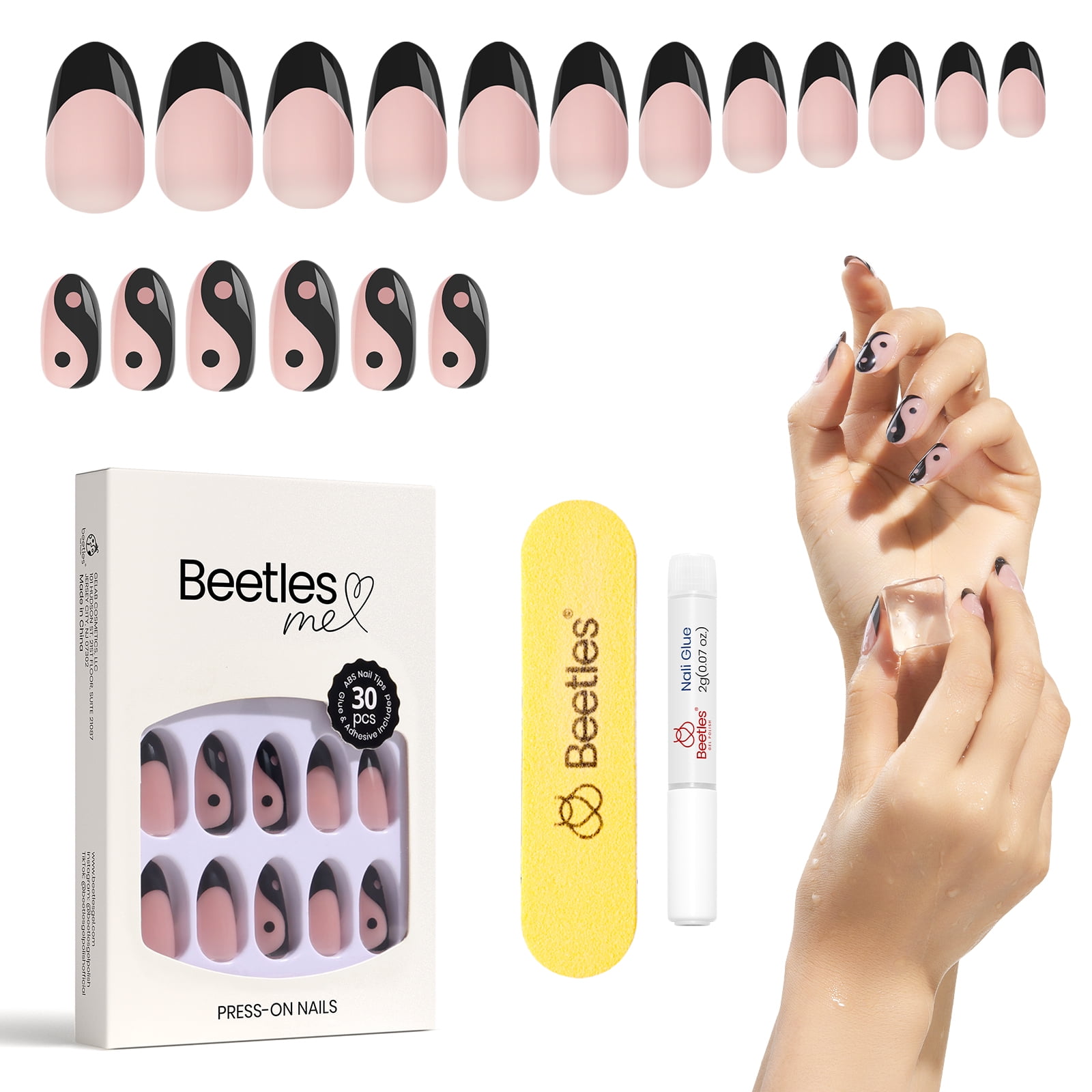 Beetles Press On Nails, Classic French Nails 30PCS Full Cover Black