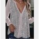 thumbnail image 2 of Blusa informal sexy con cuello en V y lentejuelas de color manga larga con pliegues en el ombligo para mujer, 2 of 4