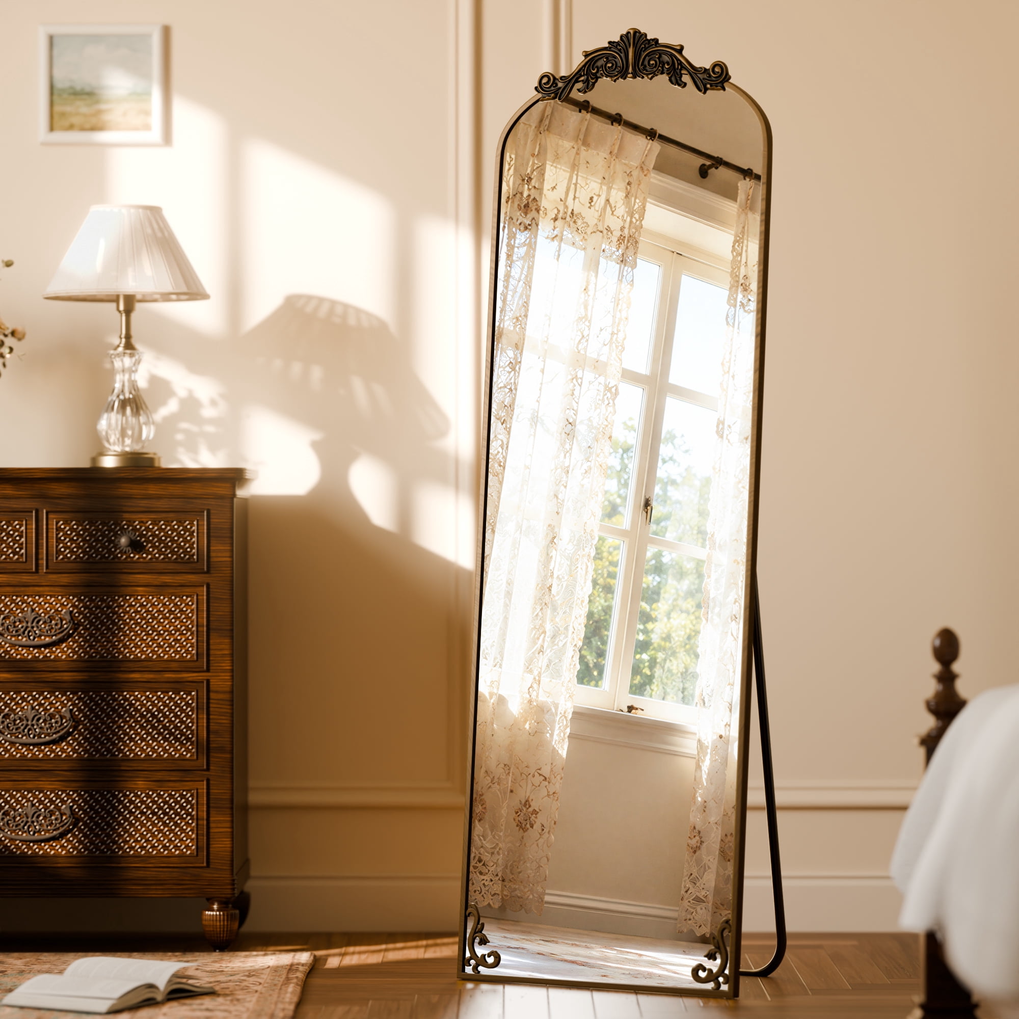 AUROMIR 64"x 21" Arched Floor Mirror Full Length Mirror Baroque Vintage Mirror with Carved Frame, Antique Bronze