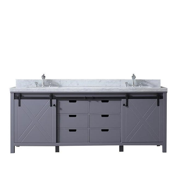 84 in. Marsyas Double Vanity with White Quartz Top, White Square Sinks & No Mirror - Ash Grey