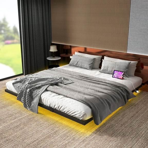 Uforic King Size Floating Bed Frame, LED Lights, Charging Station,No Box Spring Required, Black