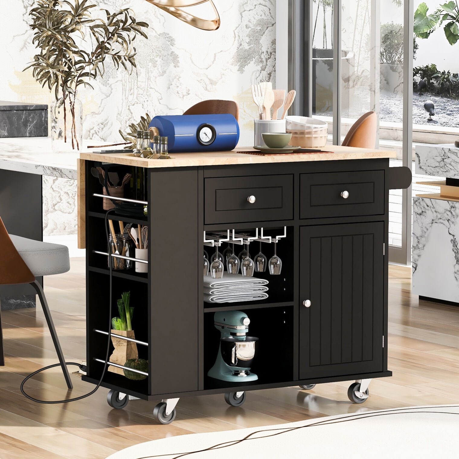 Kitchen Island with Storage, Kitchen Cart Cabinet on Wheels with Power Outlet, Adjustable Storage and Drop-Leaf Breakfast Bar, Rolling Kitchen Island for Home, Kitchen and Dining Room, Black
