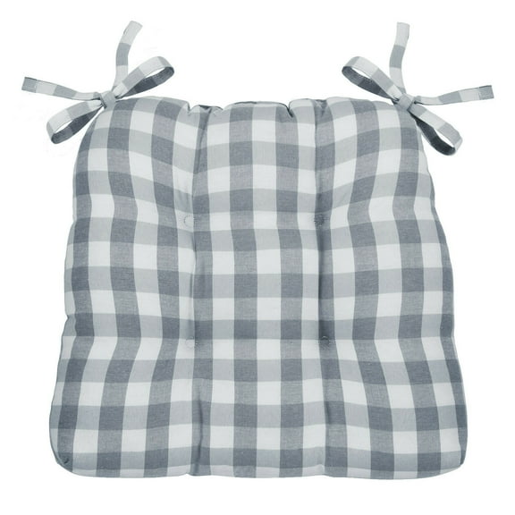 Country Farmhouse Plush Buffalo Plaid Checkered Chair Cushion Pad With Tear Proof Ties - GrayWhite