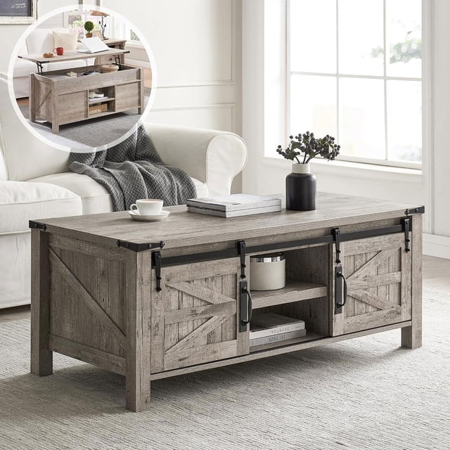 Mesa de café OKD 48 Farmhouse con parte superior elevable con almacenamiento oculto