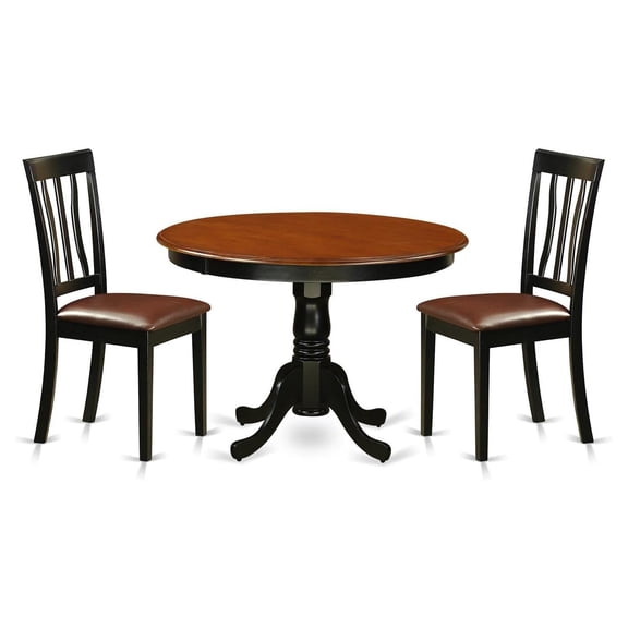 HomeStock 3-Piece Dining Room Set, Black & Cherry Finish, Round Table with 2 Faux Leather Seat Dining Chairs, 106 lbs