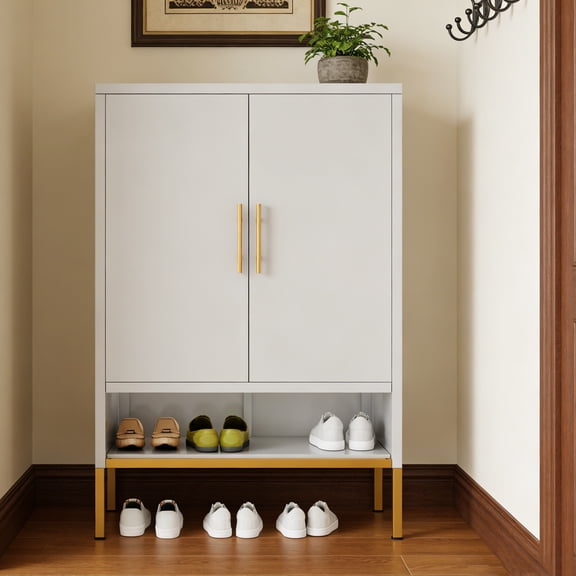 Shoe Cabinet, 40-Inch 7-Tier Shoe Storage Cabinet with Adjustable Shelves, Narrow Shoe Organizer for Entryway Hallway, 2-Door Metal Shoe Rack for Closet Living Room, White