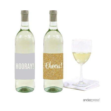 - Signature Light Gray, White, Gold Glittering, Wine or Apple Cider Bottle Labels Stickers, Cheers! Hooray!, 8-Pack