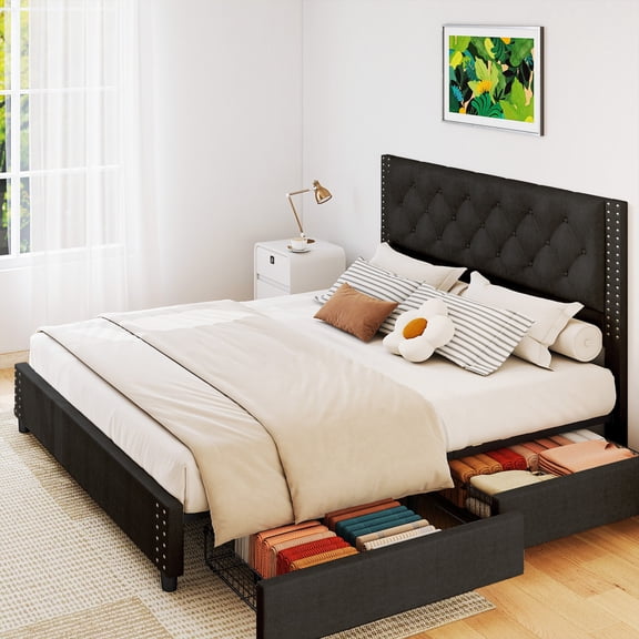 Bed Frame Mattress Foundation with Storage Drawers Soft Headboard Wood Slats Easy Assembly Metal Bed for Bedroom