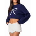 thumbnail image 2 of Fall Long Sleeve Pullover Sweaters for Women Trendy Crewneck Casual Cute Chunky Knit Crop Sweater Navy Blue XL, 2 of 10