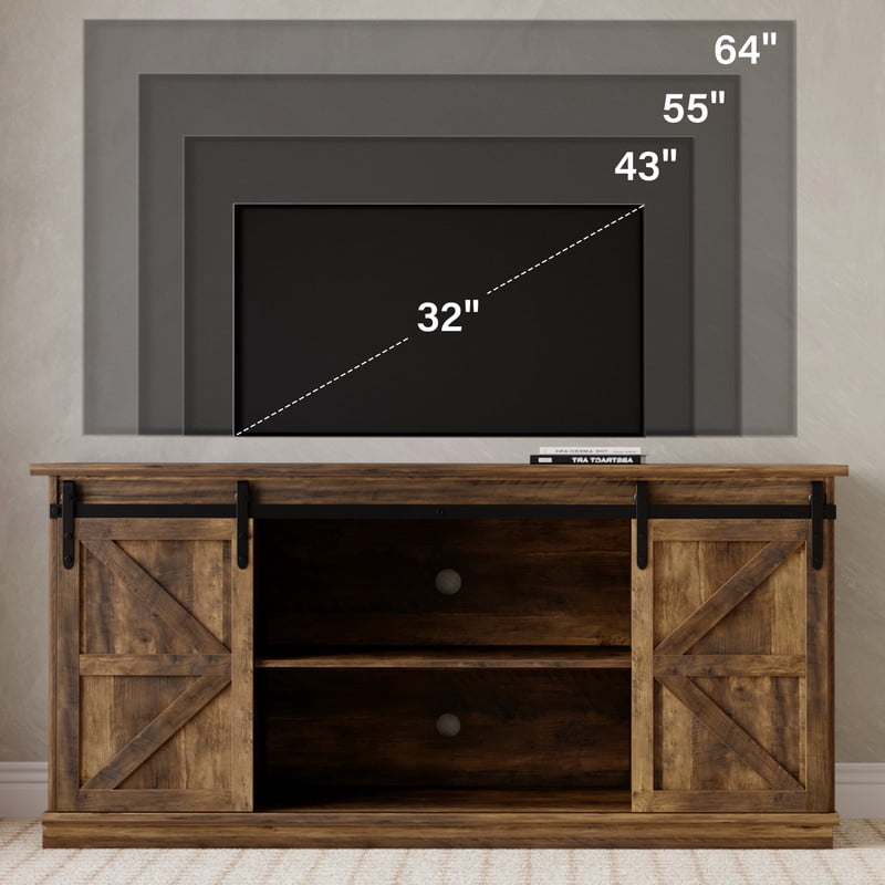 Furmax 65 inch TV Stand Entertainment Center with Sliding Barn Doors and Storage,Rustic Oak
