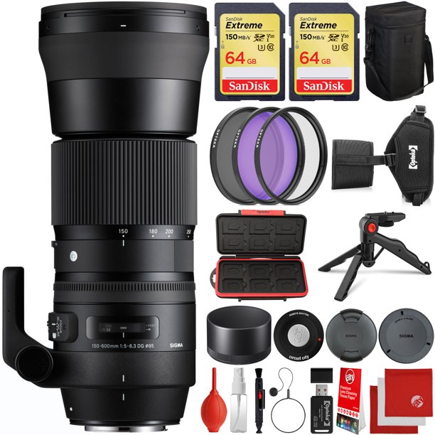 Sigma 150 600mm F 5 6 3 Contemporary Dg Os Hsm Canon Ef Mount Bundle With 2x 64gb Memory Cards Ir Remote 3 Piece Filter Kit Wrist Strap Card Reader Memory Card Case Tabletop Tripod Walmart Com