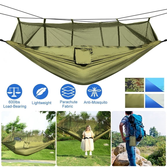 600lbs Double Hammock with Mosquito Net - Portable Camping Hammock for Outdoor Hiking, Backpacking - Nylon Hanging Bed with Straps & Carry Bag