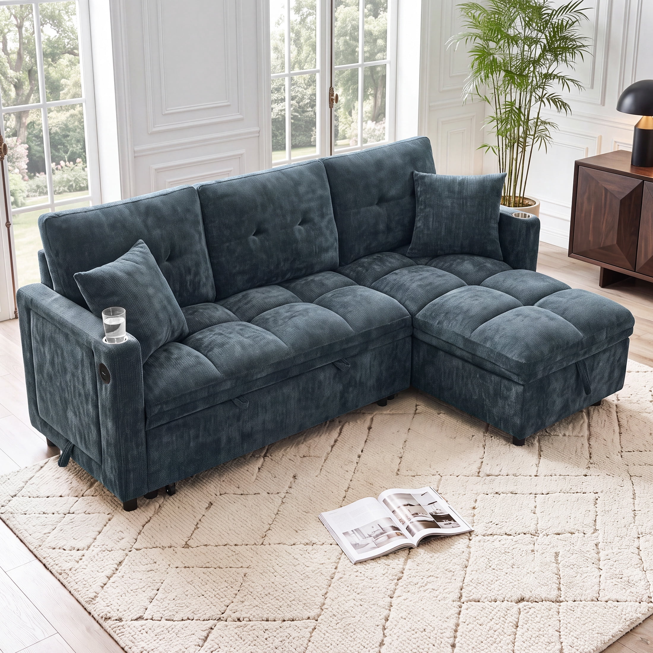 Aenkyo 82" Chenille L-Shaped Sectional Pull Out Sofa Bed with Storage Chaise & Side Table, Blue
