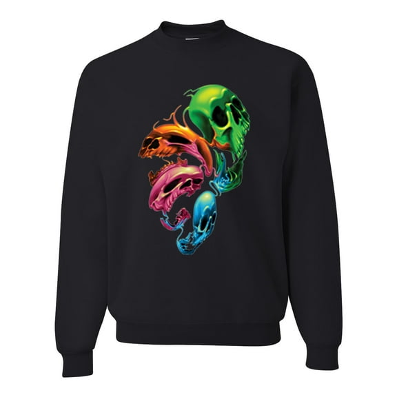 Wild Bobby, Trippy Neon Melting Skulls Unisex Crewneck Graphic Sweatshirt, Black, Small