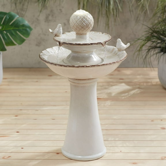 Bathing Bird 26 3/4" High Large Italian Outdoor Decor Cream Ceramic Floor Fountain with Light LED 2-Tier