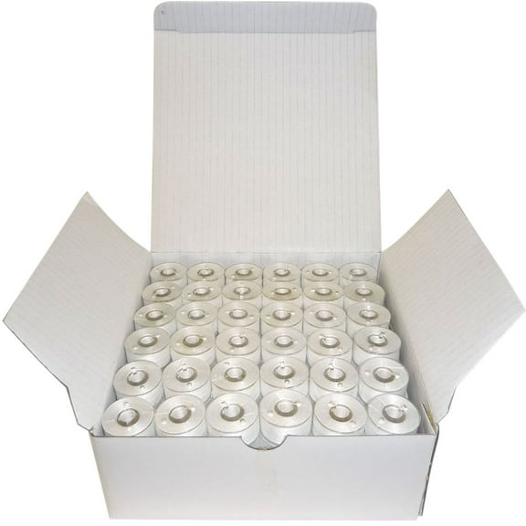 SuperB Pre-wound Bobbins White Polyester Thread 60wt Class 15 - Size A, for Home Embroidery and Sewing Machine, Box of 144