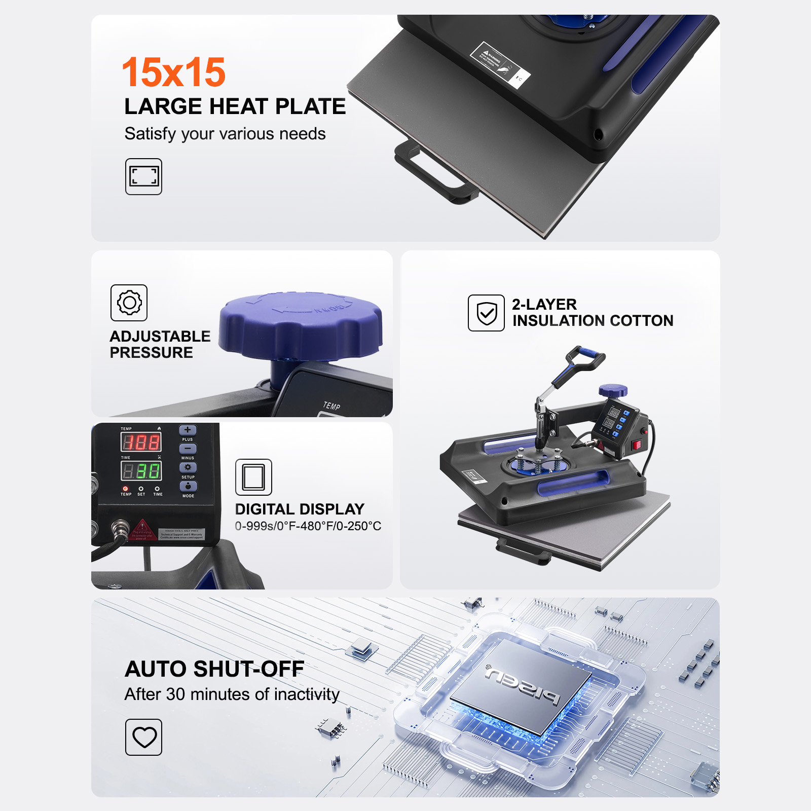 KFFKFF 15 x 15 inch Heat Press Machine, 8-in-1 Transfer Tool with 30 oz Tumbler Attachment, 360° Swing-Away Design, Digital Controls, Teflon-Coated Surface, Suitable for T-Shirts, Mugs, Hats, Plates