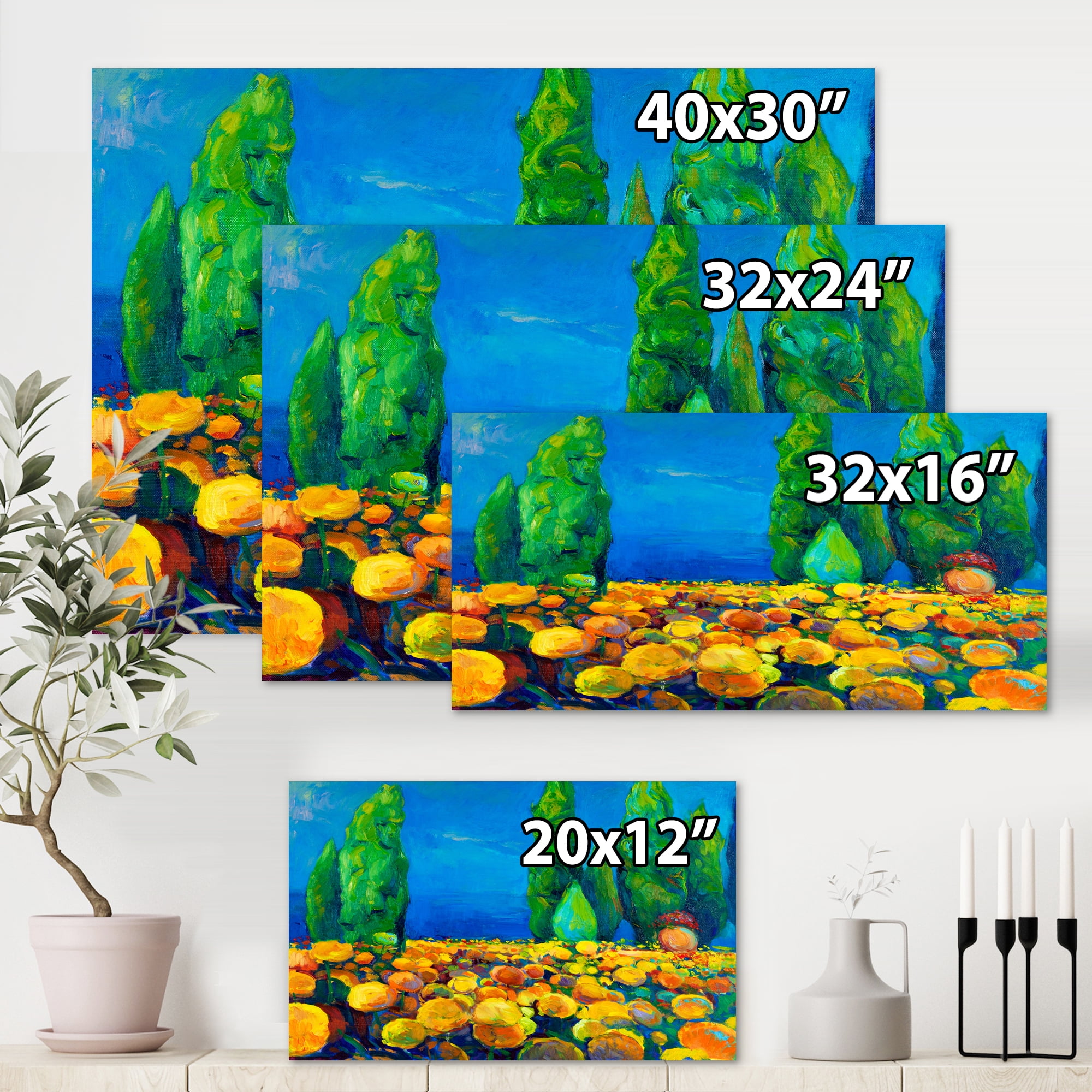 Designart ' Yellow Blossoming Flowers Landscape With Green Trees ' Traditional Canvas Wall Art Print