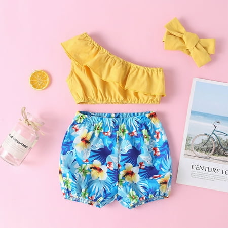 

RPVATI Newborn Infant Baby Toddler Clothes Ruffle Sleeveless One Shoulder Shirts Headwear + Shorts Set 3 Pieces Summer Outfits