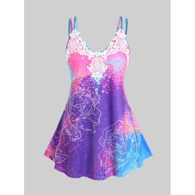 Tank Top de Escote Pico con Panel de Encaje de Bloqueo de Color Rosegal Camisetas sin mangas de talla grande
