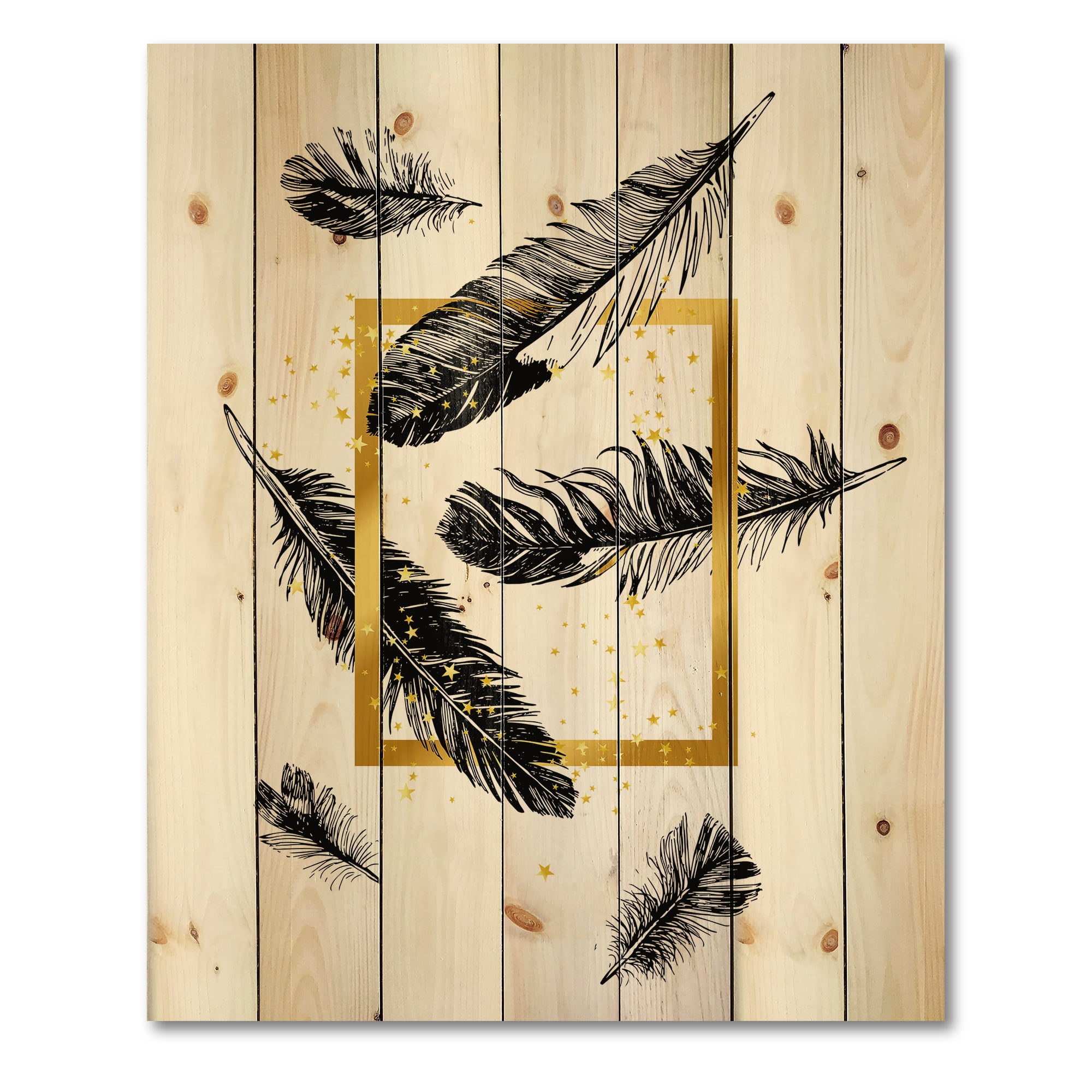 Designart 'Feathers and Golden Frame' Bohemian & Eclectic Print on Natural Pine Wood