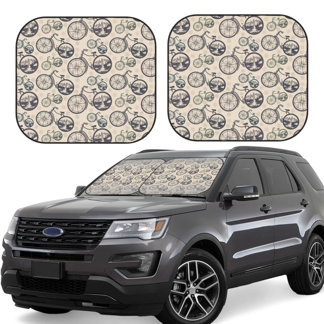 Fotbe Compass And Mountains In Bicycle Wheels 2-Piece Car Windshield Sun Shade | Sun Blocker for Car Windshield | Foldable Automotive Interior Accessories for Sun Protection-Medium