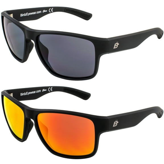 Birdz Glide Sunglasses for Men or Women Scratch Resistant Lens Lightweight Black Square Frame Smoke and Red Mirror Lens