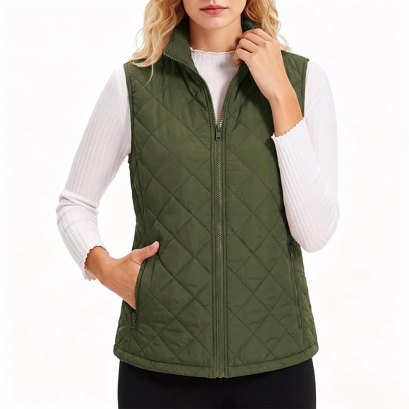 Zylanna Women's Quilted Vest, Lightweight Full Zip Stand Collar Warm Sleeveless Outerwear Layering Gilet Army Green