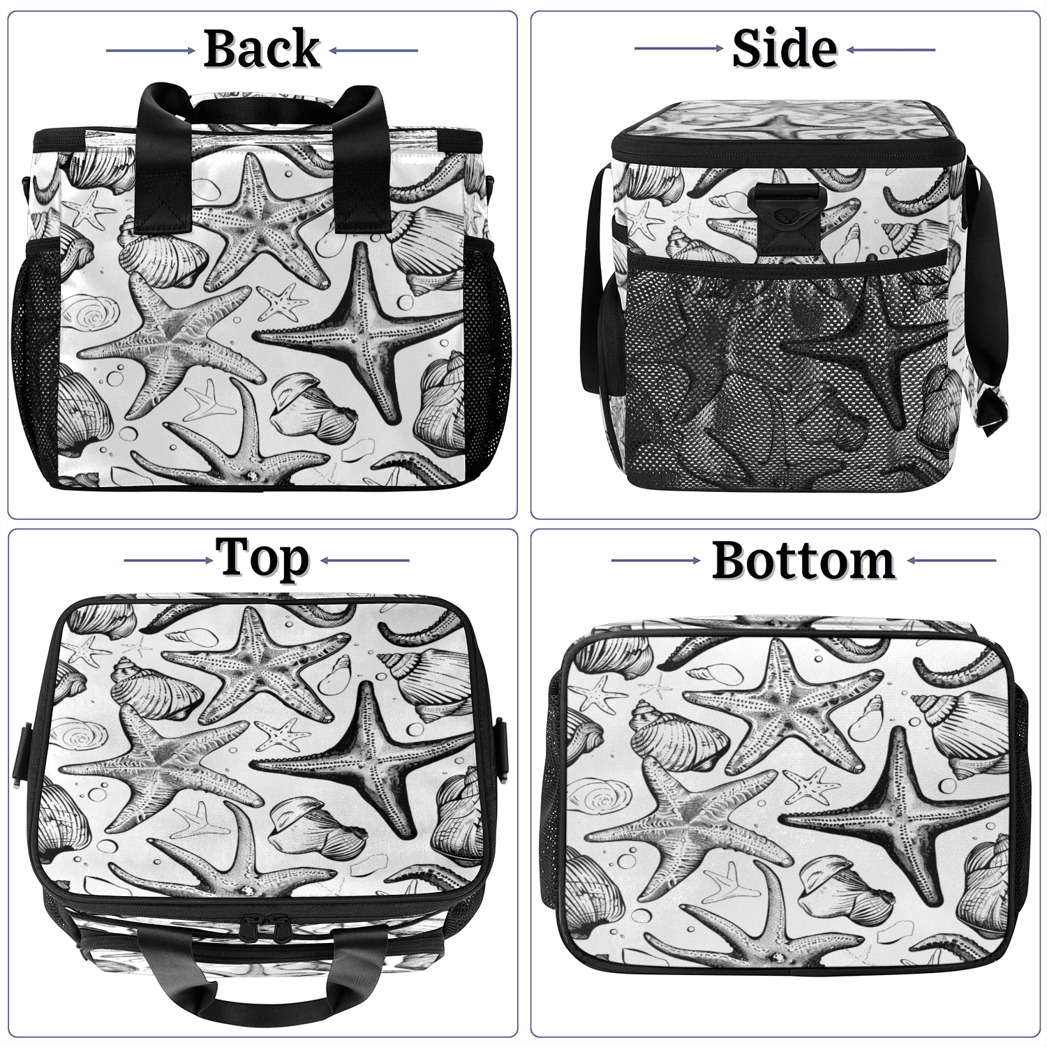 Herdesigns Nautical Starfish Large Lunch Box for Adults Women Men with Adjustable Shoulder Strap, Insulated Reusable Lunch Bag Leakproof Cooler Tote Bag