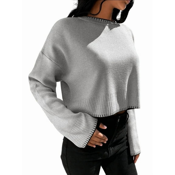 Women'S 2025 Fall Crew Neck Cropped Sweater Oversized Ribbed Knit Pullover Tops Grey One size