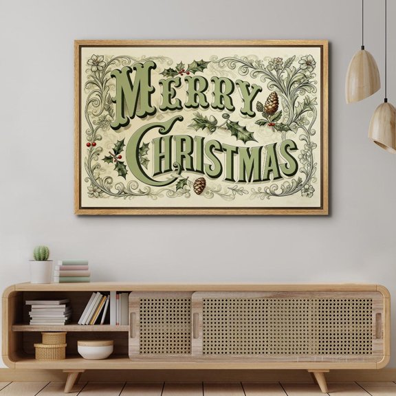 Vintage Merry Christmas Typography Wall Art, Retro Christmas Sign Canvas Print with Holly & Pine Cones, Seasonal Entryway Decor, 24x36 UNFRAMED