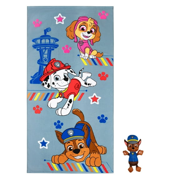 PAW Patrol Kids Chase Towel and Character Scrubby Set, Gray, Nickelodeon