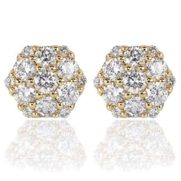 Mens Women's Large Octagon Flower Cluster Yellow Gold Plated 925 Sterling Silver Big Hip Hop Mens Women's Large Stud Earrings