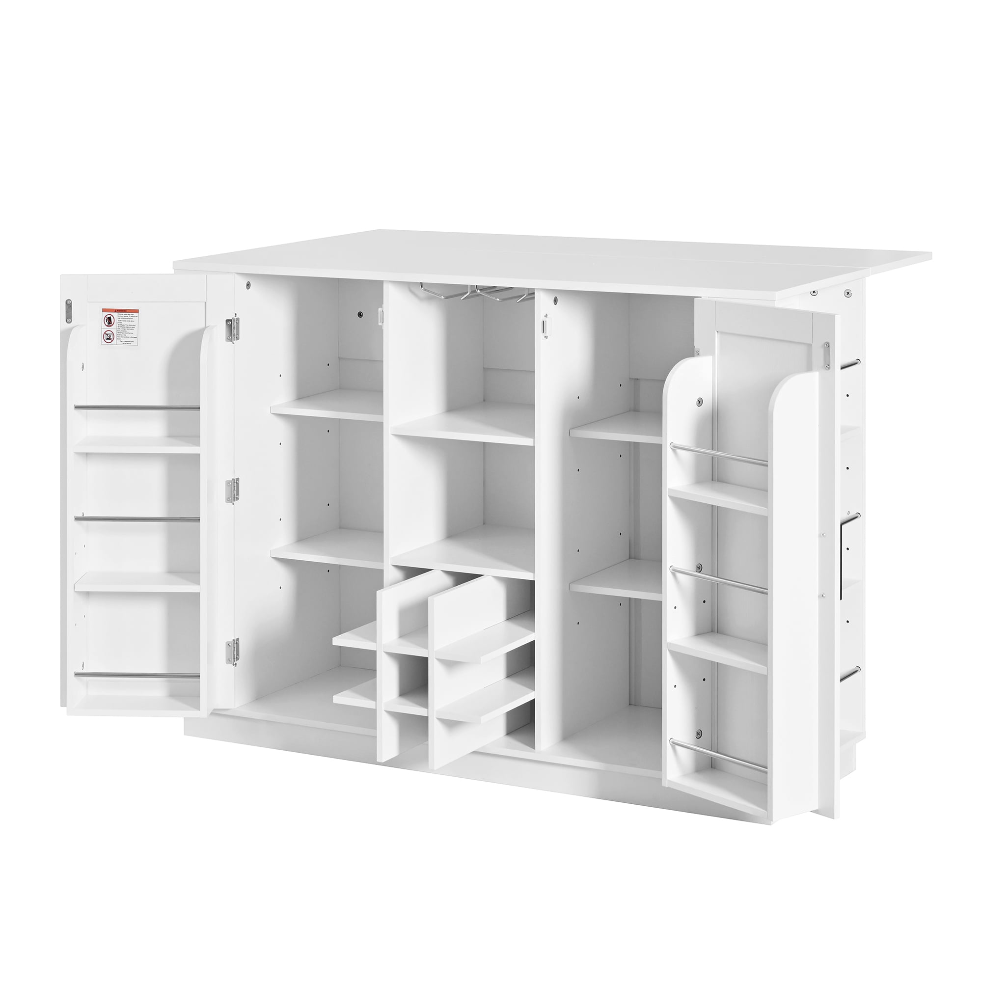 47.2-Inch Counter Height Kitchen Island with Foldable Drop Leaf Tabletop, Sideboard Buffet Bar Cabinet with Wine Rack and Glass Holder, Storage Cabinet for Dining Room, White
