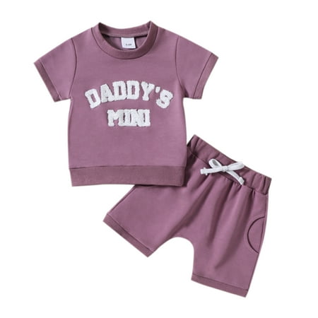 

TJAZFJPA Baby Girl Outfit Set Newborn Girls Boys Letter Prints Summer Short Sleeve T Shirt Tops Sports Short Pants Two Outfits Little Sister Newborn Outfit Purple Girls Fourth of July Outfit