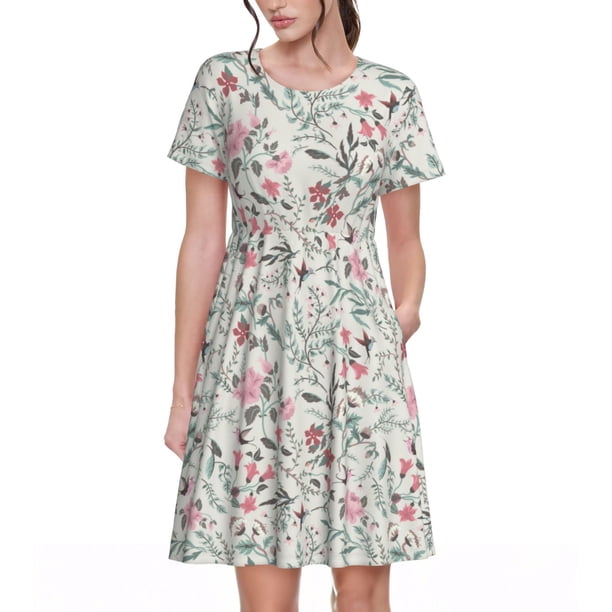 Easygdp Fairy Floral para Vestido Transpirable de Mujer, Vestido Suelto de Manga Corta con Pliegues y Bolsillos para el Verano