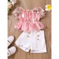 thumbnail image 2 of Summer Toddler Baby Girl Clothes Off Shoulder Ruffle Sling Crop Tops Short Pants 2Pcs Outfits, 2 of 7