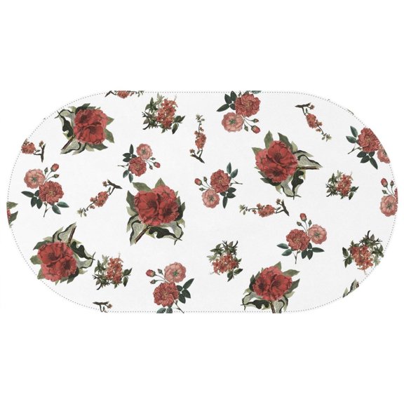 Oval Waterproof Tablecloth Red Flower on White Reusable Indoor/Outdoor Durable Table Cover 60 Inch X 102 Inch