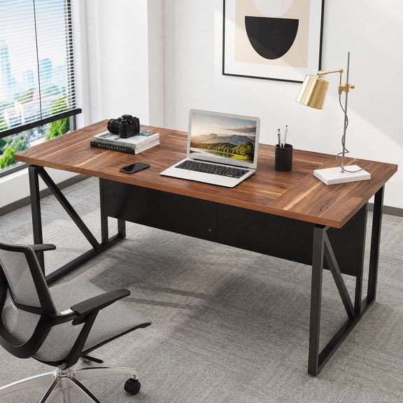 Fnova 63" Modern Computer Desk, Writing Table Home Office Desk, Steel Leg, Brown & Black
