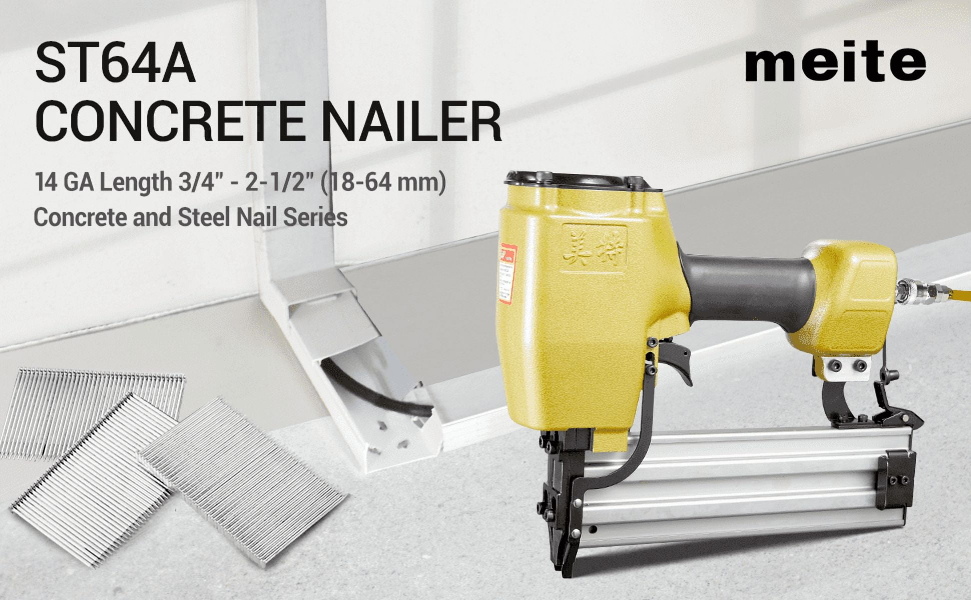 MEITE ST64A Pneumatic Concrete Naile Gun Heavy Duty Air Concrete T Nailer 14 Gauge 3/4" to 2-1/2"