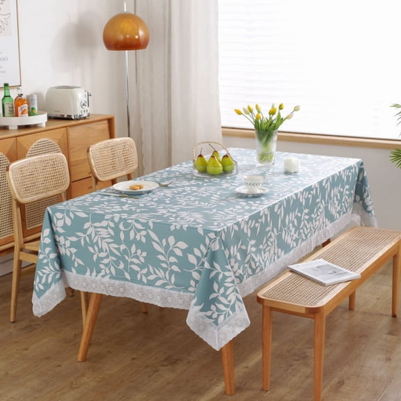 Asoricing Picnic Table Cloth,4.59 ft x 7.22 ft Waterproof PVC Table Cover for Kitchen and Patio, Oil-Proof, Blue Leaf Lace