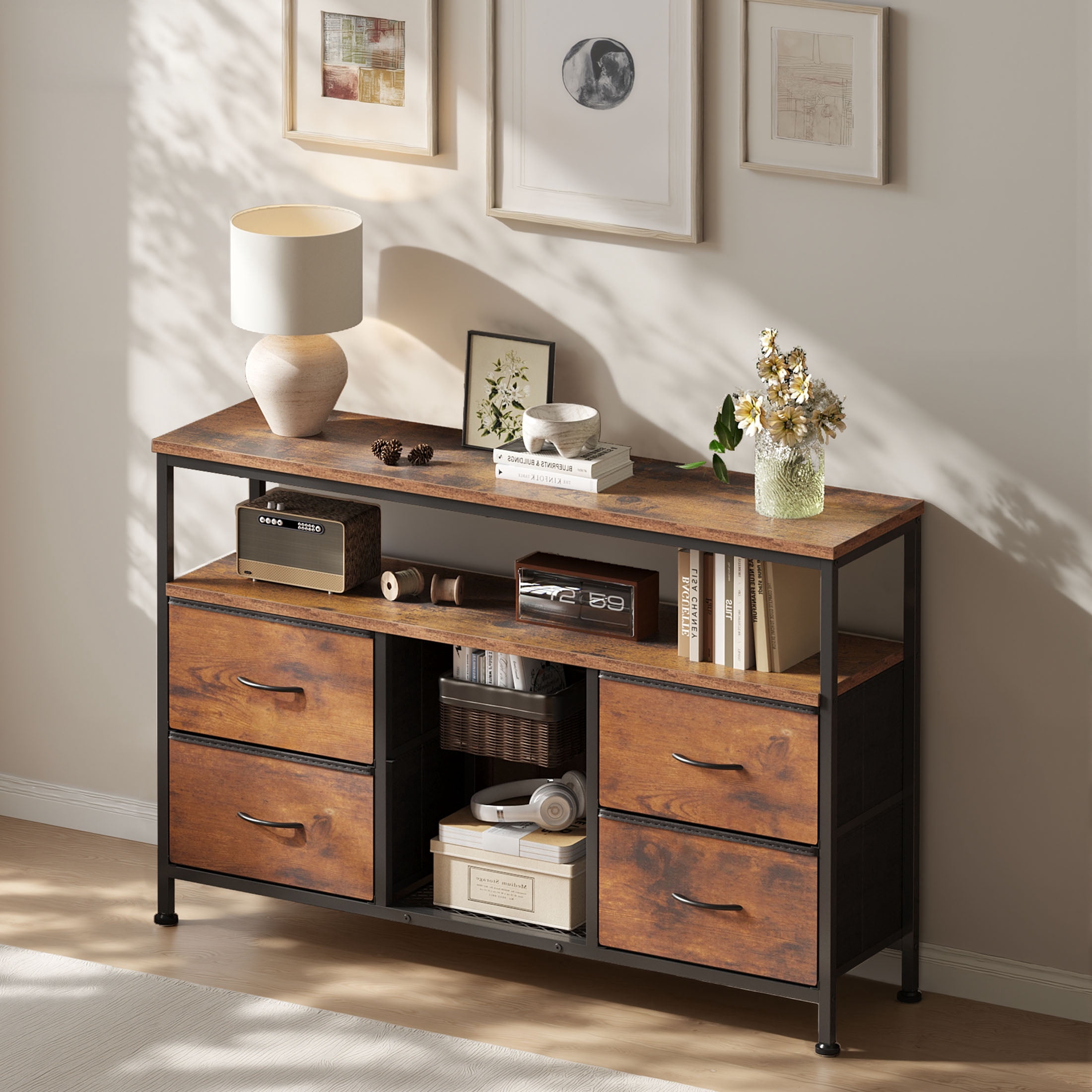 MCQ 43" TV Stand with 4 Fabric Drawers, Built-in Outlet - Perfect for Living Room and Bedroom, Rust
