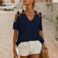 thumbnail image 2 of MIXUE Boho Tops For Women Summer Striped Print Solid Color V Neck Off Shoulder Short Sleeve Sexy Fashion T-shirts Outwear,Blue,XL, 2 of 6
