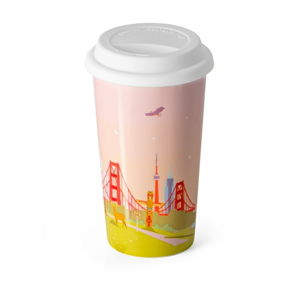 US Landmarks Travel Coffee Mug, Ceramic Coffee Travel Mug with Lid 12 Oz Double-wall To Go Travel Latte Cup for Car-Cup-Holder, Pale Pink for Women Men Girl Boy Sister Friends Birthday Christmas Gift