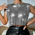 thumbnail image 6 of Felirenzacia Women's Cropped Boat Neck Tank Top, Metallic Shiny Sequin Club Party Short Tee, Silver,Free Size, 6 of 6