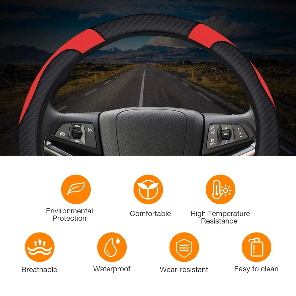 Car Accessories Steering Wheel Cover Red Leather Anti-Slip 15''/38Cm Universal