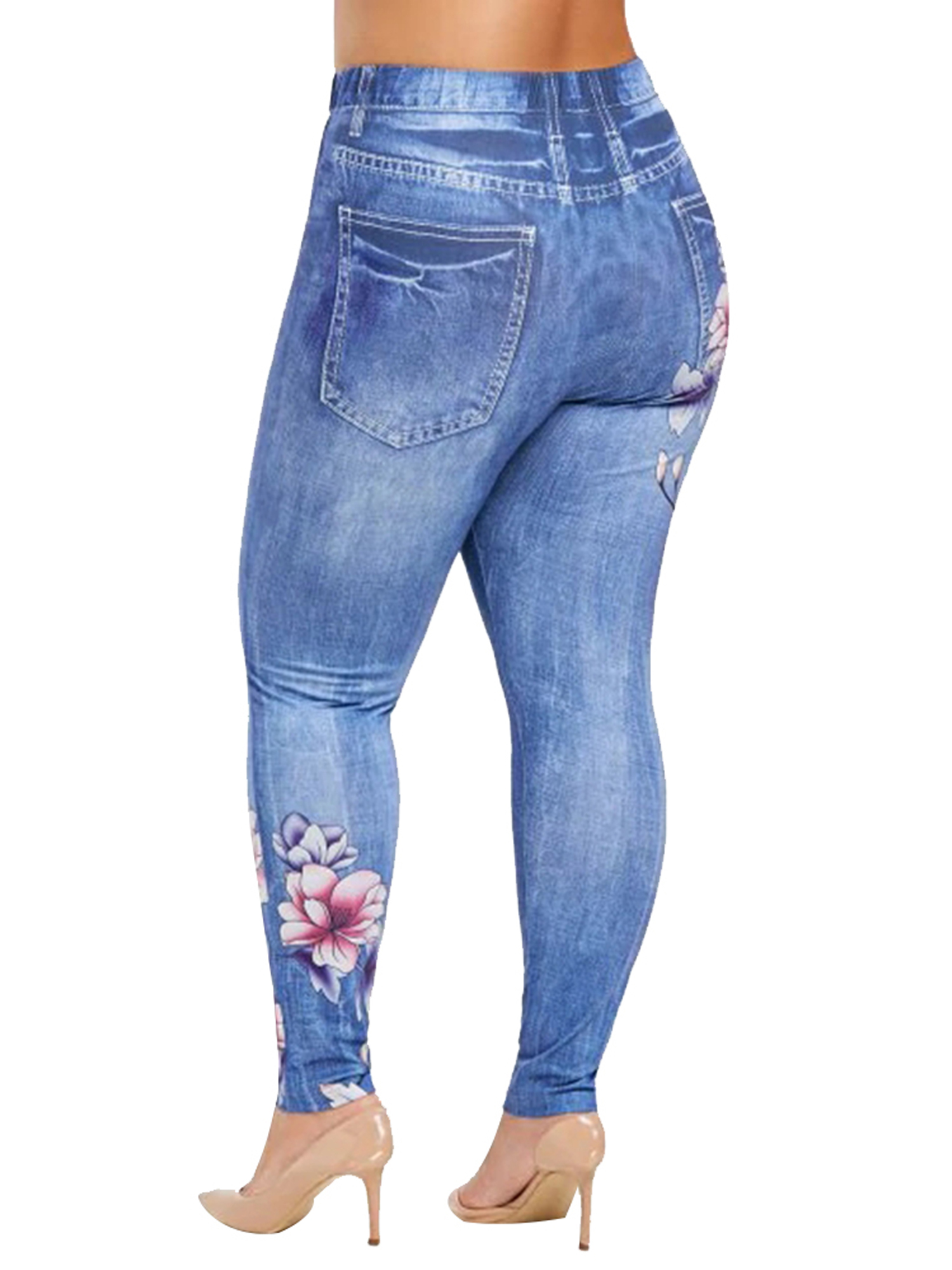 JustVH Women Plus Size Casual Stretch Leggings Skinny Imitation Denim Print Jeggings Pants - image 3 of 4