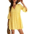 thumbnail image 3 of Women Summer Boho Dress 2025 Casual V Neck Babydoll Ruffle Sleeve Floral Mini Tunic Petite Sundress Yellow S, 3 of 9