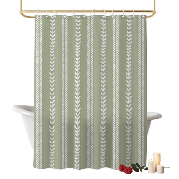 Leaf Stripes Bathroom Shower Curtains with Hooks, Botanical Rustic Sage Green Waterproof Fabric Washable Shower Curtain for Home Hotel Bathtub Decor 36x72 Inch