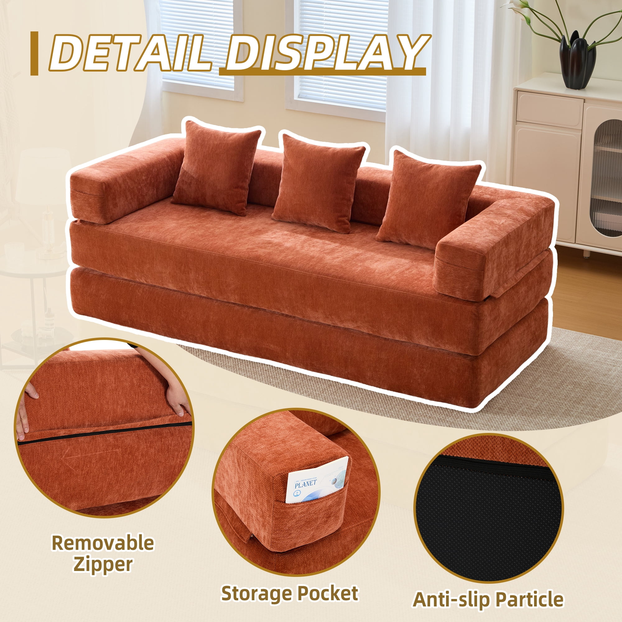 MOONMISS Chenille Upholstered Convertible Foldable Memory Foam Sleeper Sofa with Pillows for Living Room-Orange